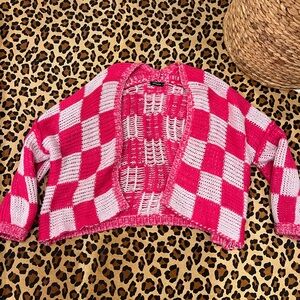 Pink and White Checkered Knit Cardigan